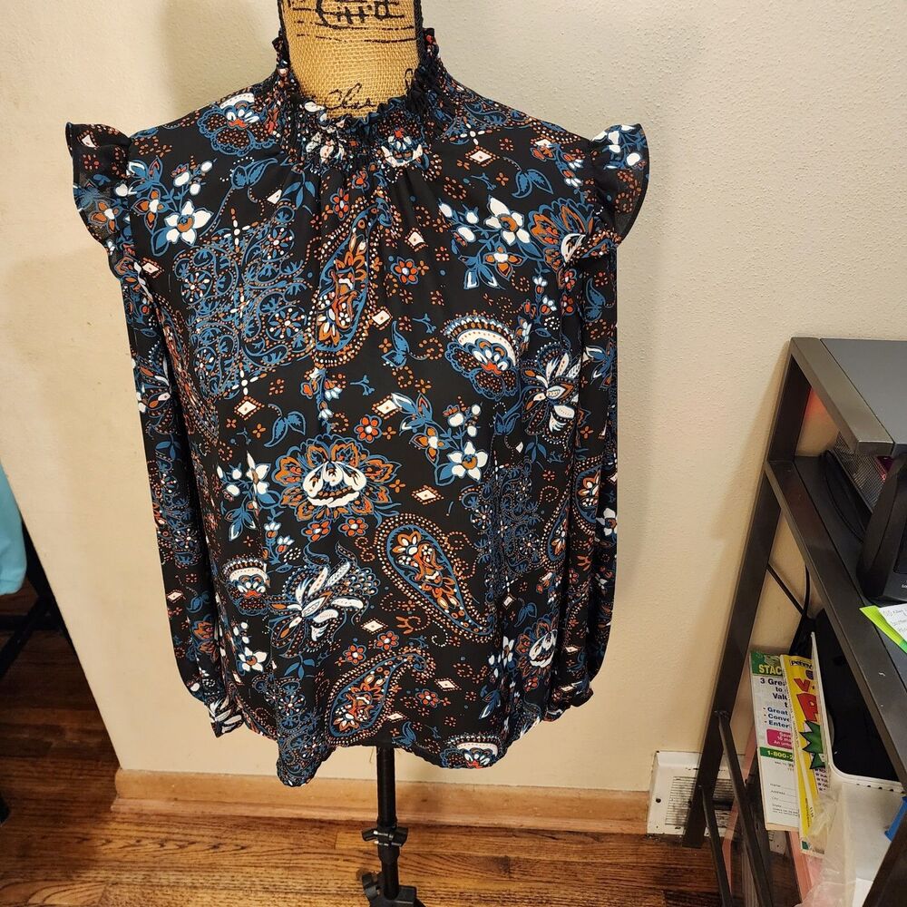 Lush Womens Black Flutter Sleeve Paisley Boho Long Sleeve Blouse Small